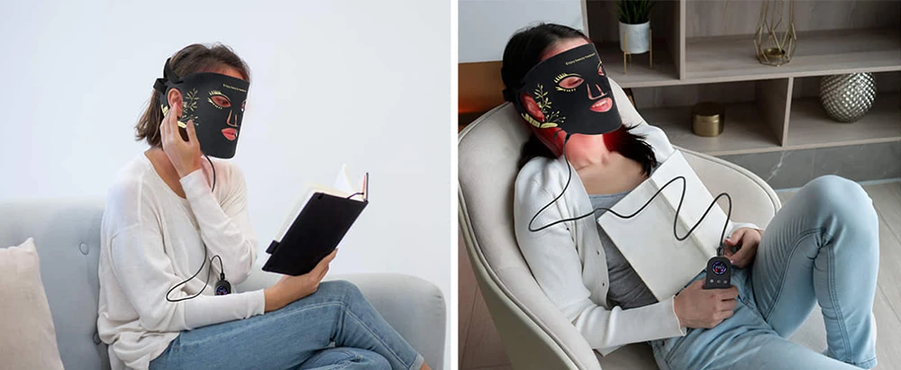 women wearing red light therapy mask while relaxing